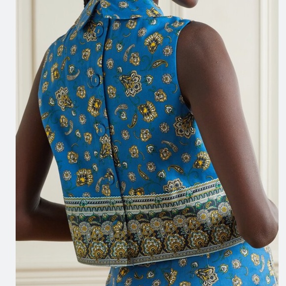 Veronica Beard Sylvana Blue Paisley Top Crop Cotton Blend Shell Button Back NWT - Picture 2 of 7